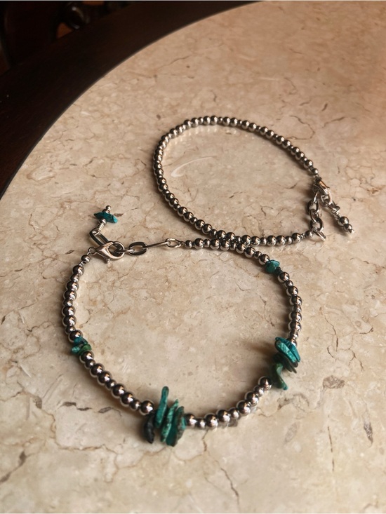 Handmade Jewelry - Stainless Steel Bead Bracelet Set with Turquoise Accent - Navajo Pearl Style